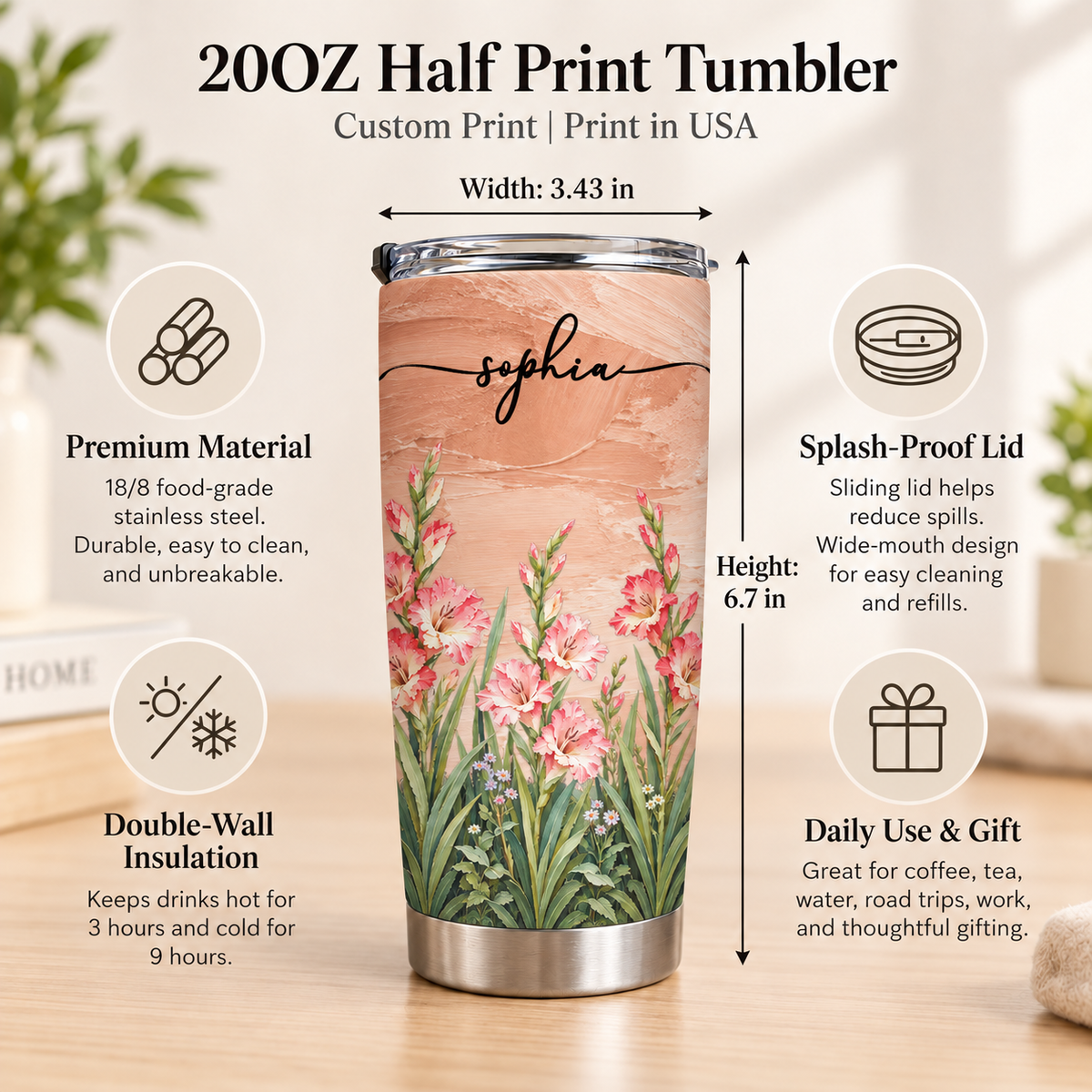 Infographic detailing 20oz half print tumbler features, material, dimensions, and daily use benefits.