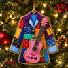 Patchwork Guitar Jacket Ornament Christmas Holiday Gift for Music Lovers on a hanger, ready to ship from Austin, Texas