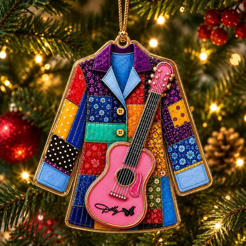 Patchwork Guitar Jacket Ornament Christmas Holiday Gift for Music Lovers on a hanger, ready to ship from Austin, Texas
