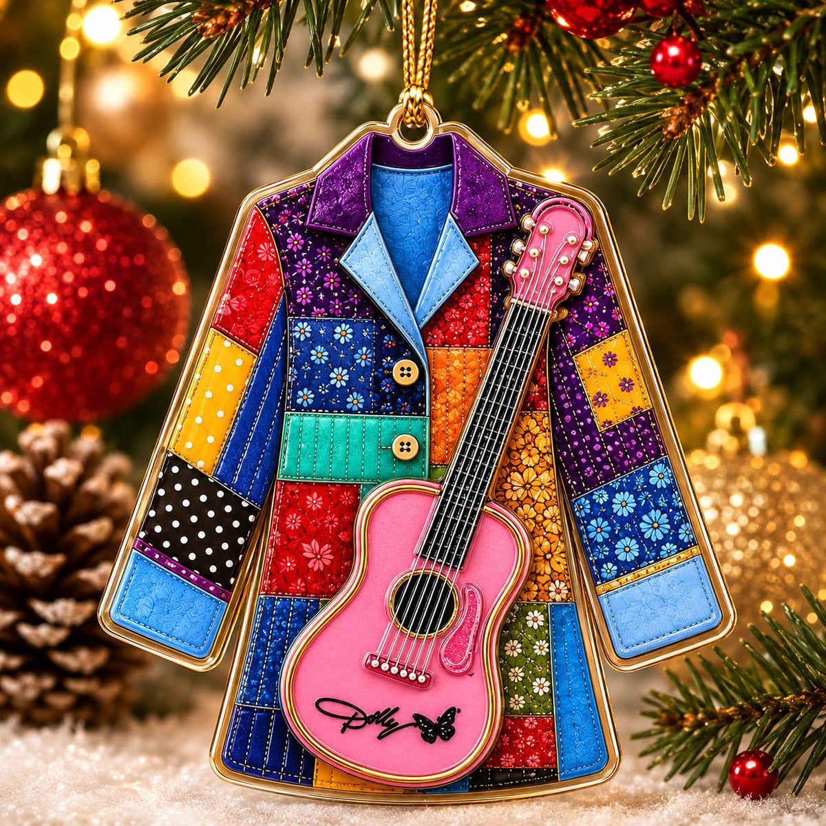Customer in Austin, Texas wearing Patchwork Guitar Jacket Ornament Christmas Holiday Gift for Music Lovers