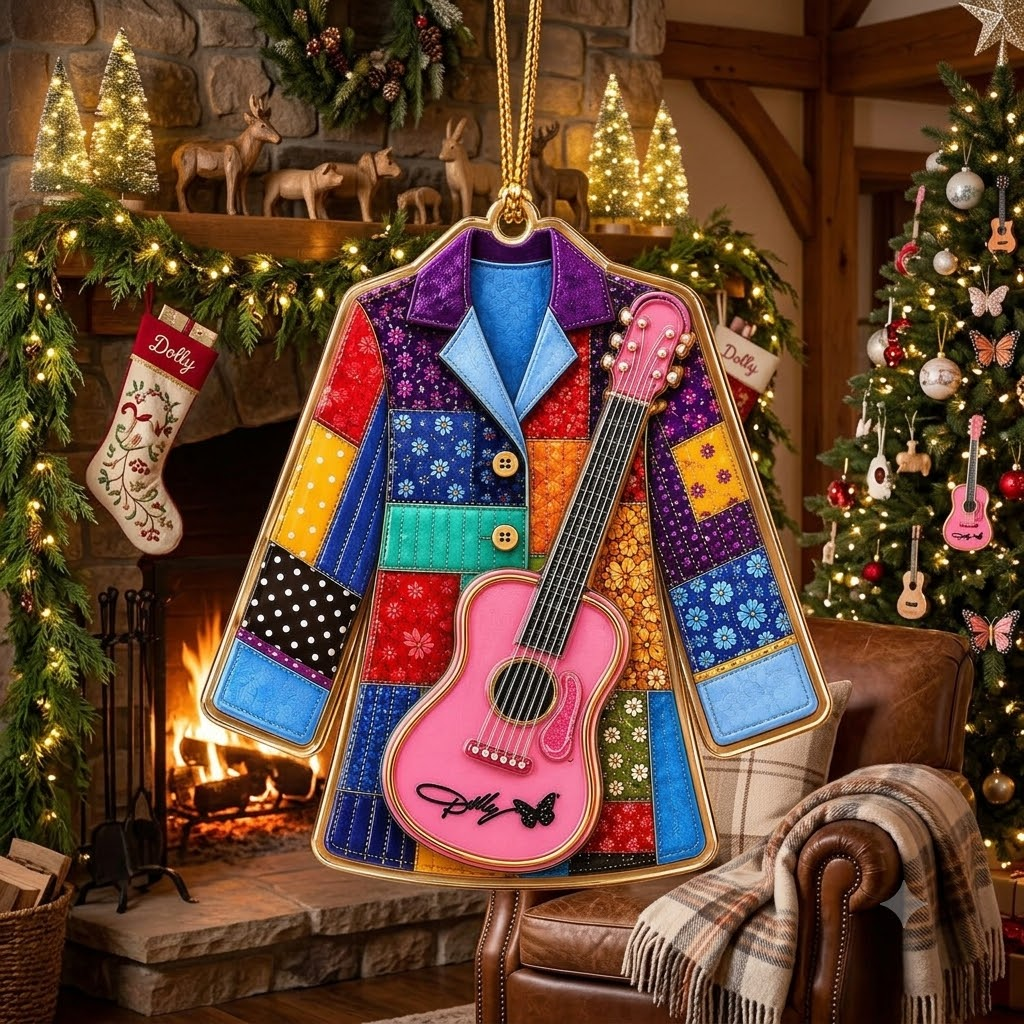 Close-up of Patchwork Guitar Jacket Ornament Christmas Holiday Gift for Music Lovers for streetwear fans in Austin, Texas