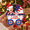 Patriotic Baby Carriage Ornament Personalized First Christmas Keepsake for Boys and Girls on a hanger, ready to ship from Austin, Texas