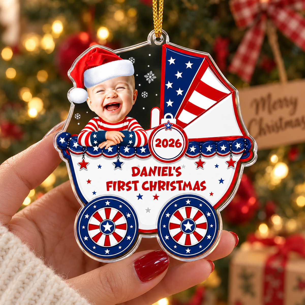Patriotic Baby Carriage Ornament Personalized First Christmas Keepsake for Boys and Girls on a hanger, ready to ship from Austin, Texas