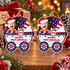 Customer in Austin, Texas wearing Patriotic Baby Carriage Ornament Personalized First Christmas Keepsake for Boys and Girls