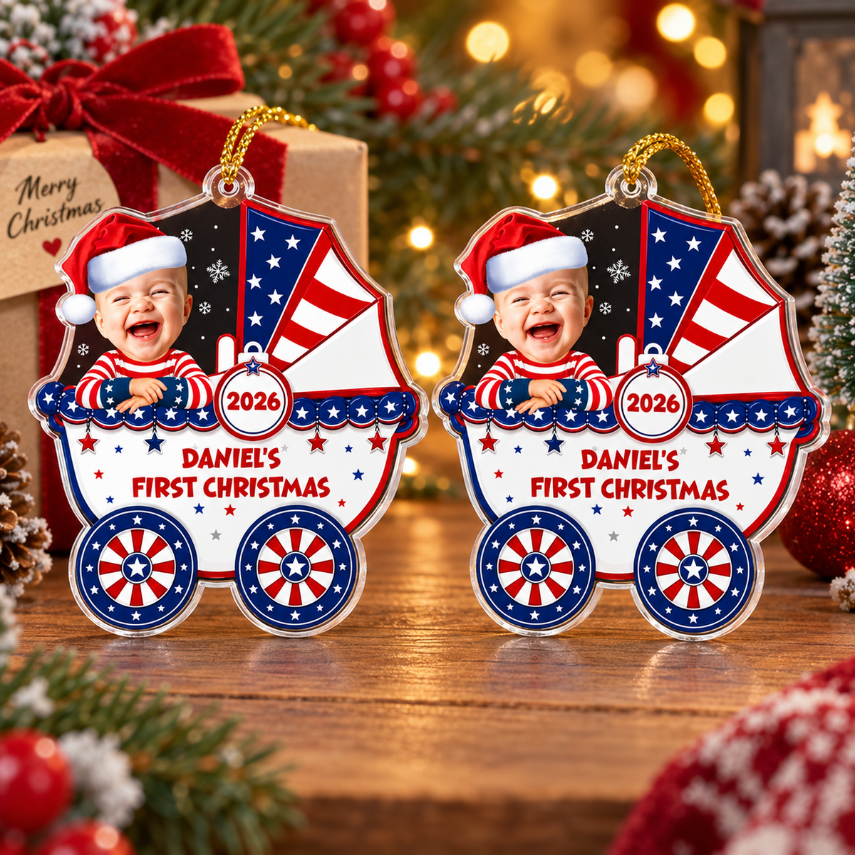 Customer in Austin, Texas wearing Patriotic Baby Carriage Ornament Personalized First Christmas Keepsake for Boys and Girls