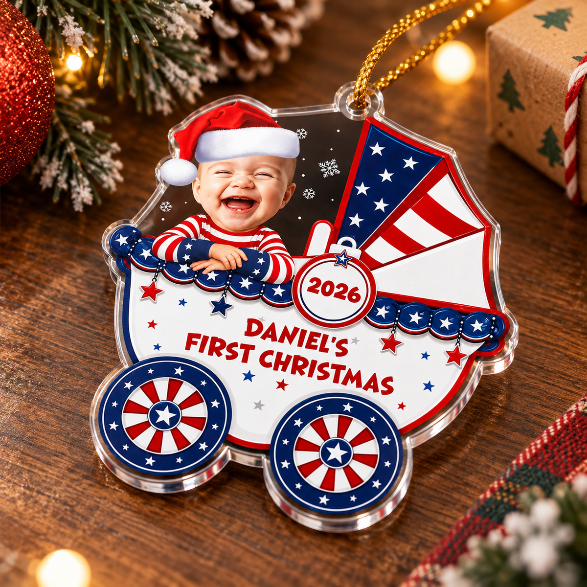 Close-up of Patriotic Baby Carriage Ornament Personalized First Christmas Keepsake for Boys and Girls for streetwear fans in Austin, Texas