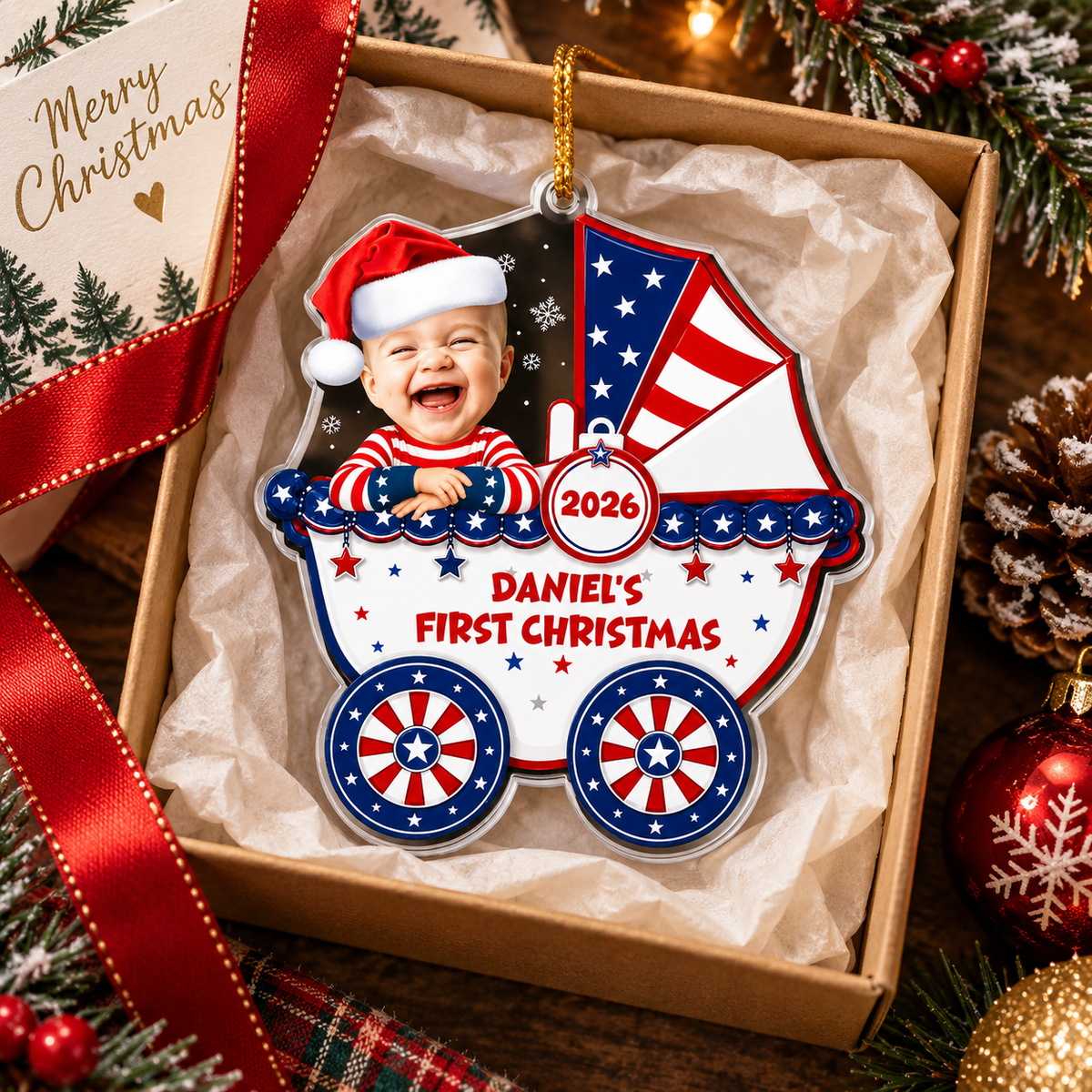 Customer in Austin, Texas wearing Patriotic Baby Carriage Ornament Personalized First Christmas Keepsake for Boys and Girls