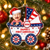 Patriotic Baby Carriage Ornament Personalized First Christmas Keepsake for Boys and Girls available at our Austin, Texas warehouse
