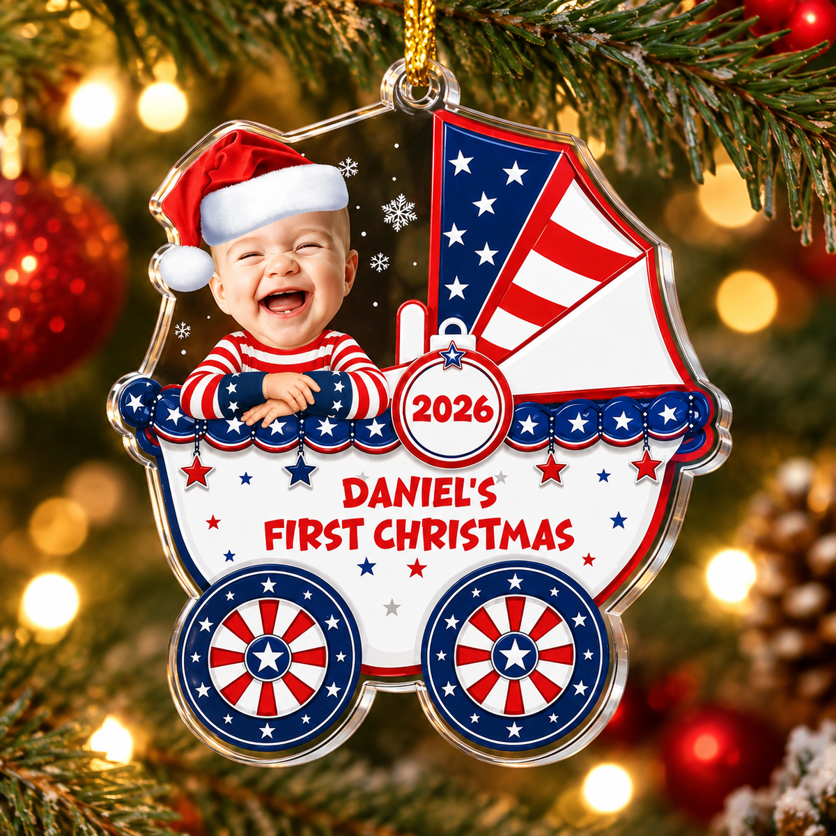Patriotic Baby Carriage Ornament Personalized First Christmas Keepsake for Boys and Girls available at our Austin, Texas warehouse
