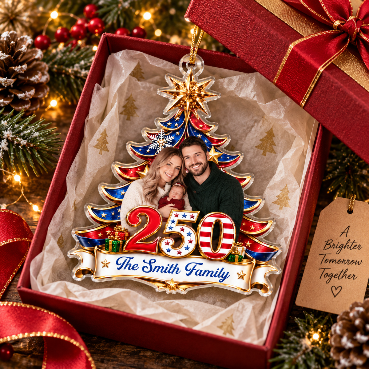 Patriotic Christmas Tree Ornament Personalized America 250 Family Keepsake Holiday Gift on a hanger, ready to ship from Austin, Texas