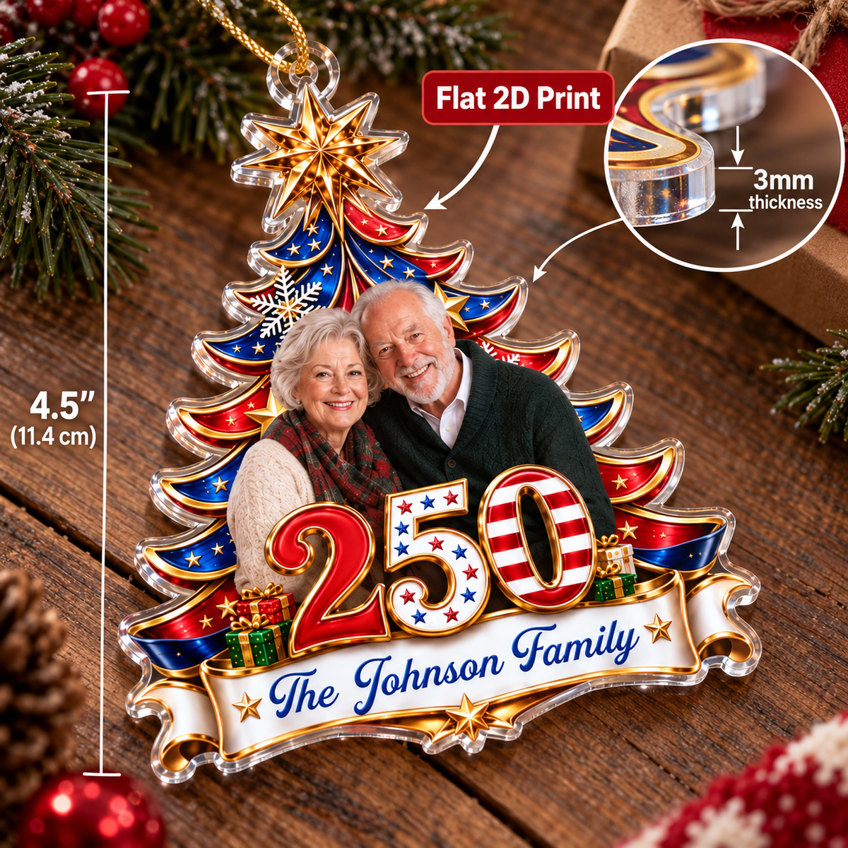 Customer in Austin, Texas wearing Patriotic Christmas Tree Ornament Personalized America 250 Family Keepsake Holiday Gift