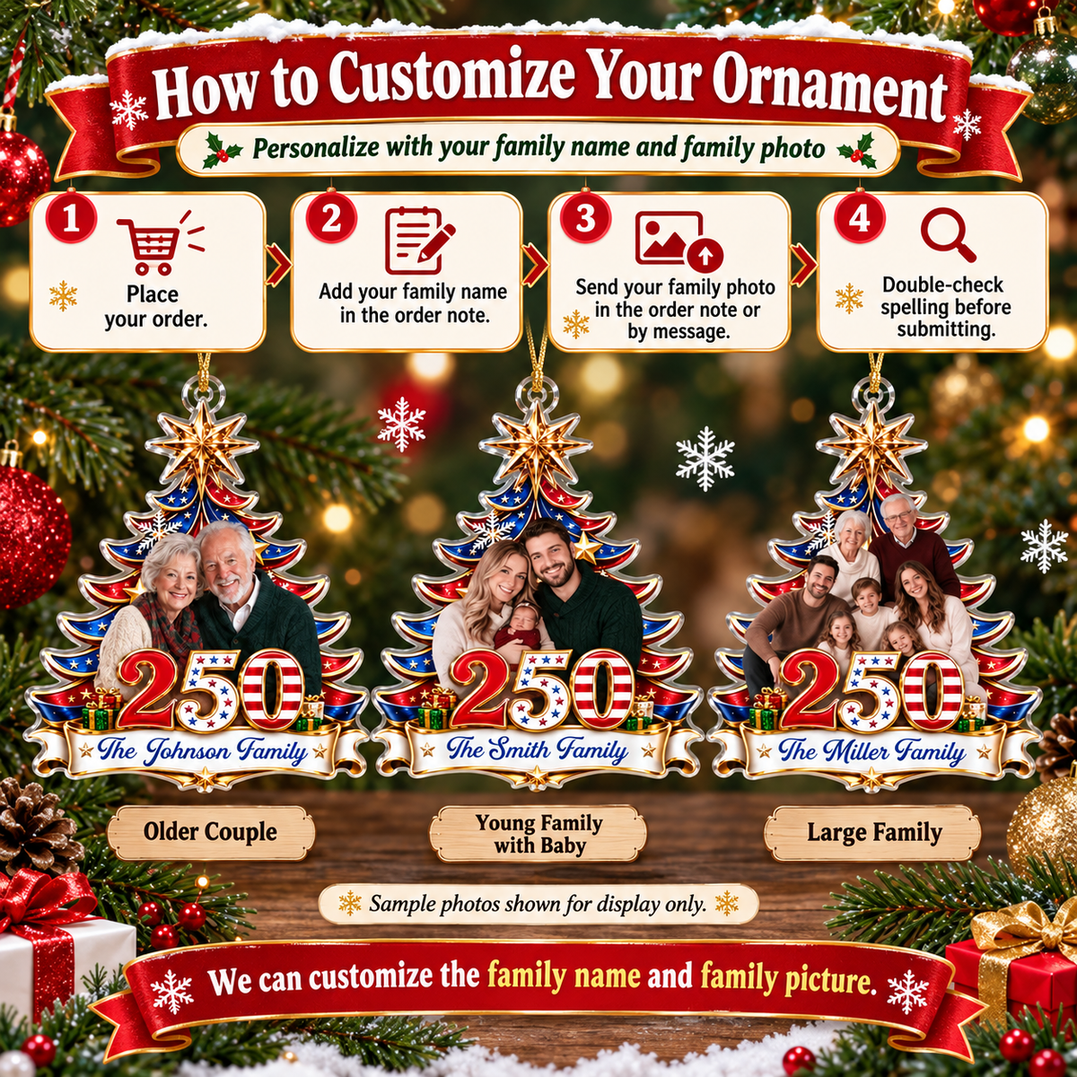 Customer in Austin, Texas wearing Patriotic Christmas Tree Ornament Personalized America 250 Family Keepsake Holiday Gift