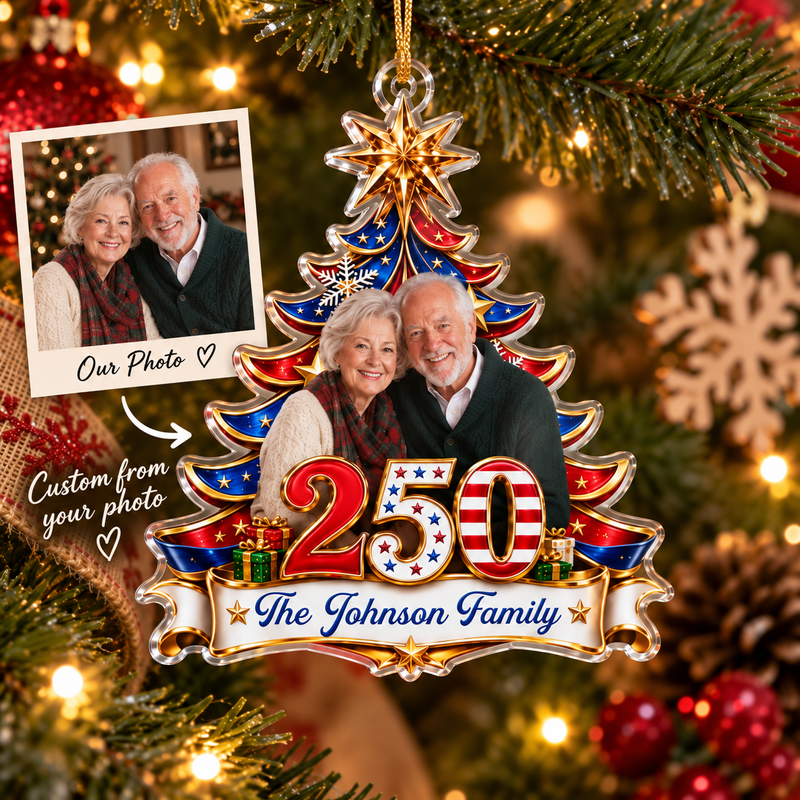 Patriotic Christmas Tree Ornament Personalized America 250 Family Keepsake Holiday Gift available at our Austin, Texas warehouse
