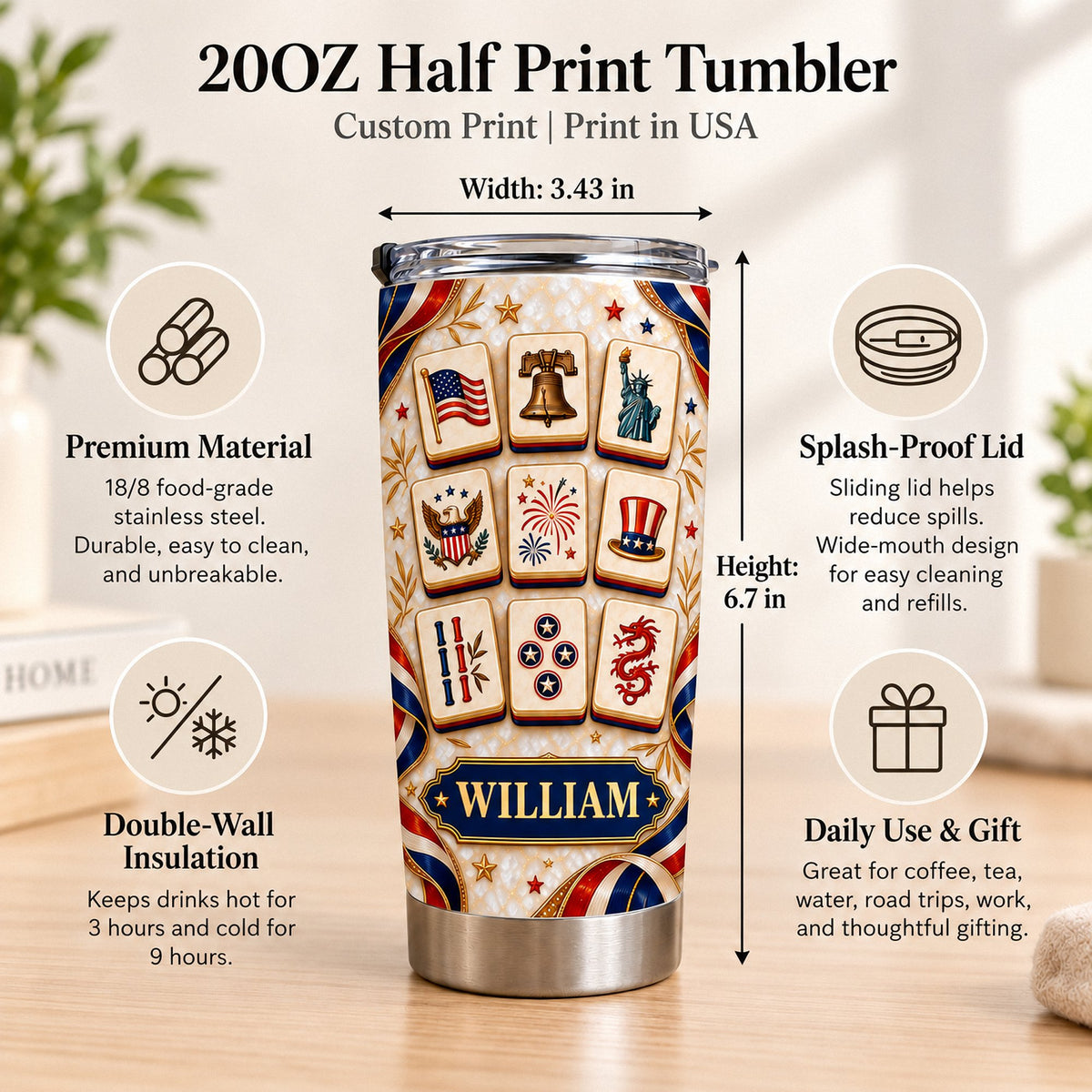 Infographic detailing 20oz stainless steel tumbler features, measurements, and insulation for patriotic mahjong players.