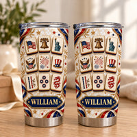Two patriotic stainless steel tumblers featuring American flag and mahjong tile designs with the custom name William on a