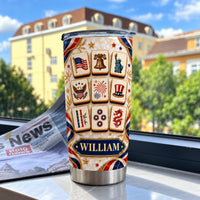 Patriotic mahjong tiles tumbler with custom name William, cream and blue design with American flag and Liberty Bell motifs by