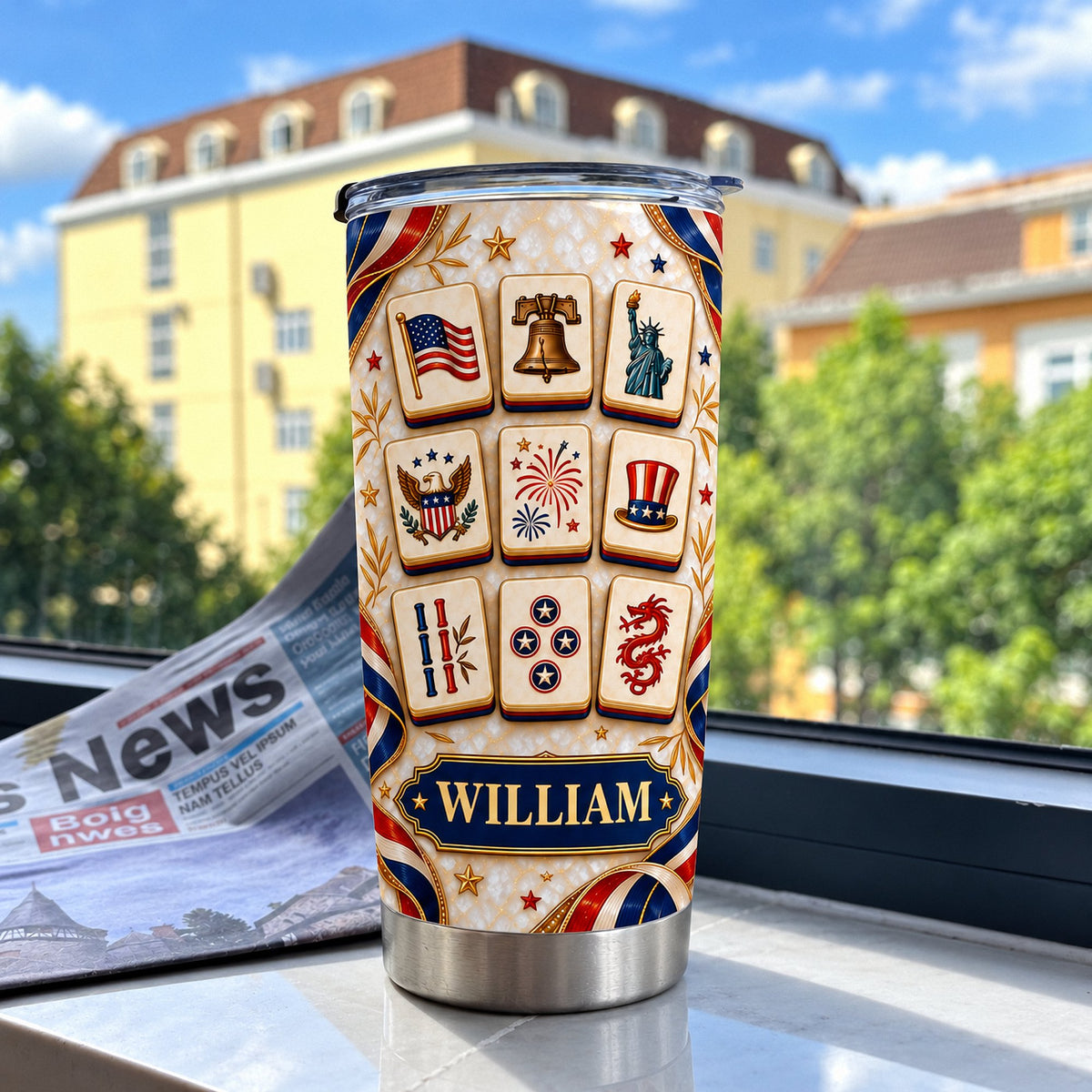 Patriotic mahjong tiles tumbler with custom name William, cream and blue design with American flag and Liberty Bell motifs by