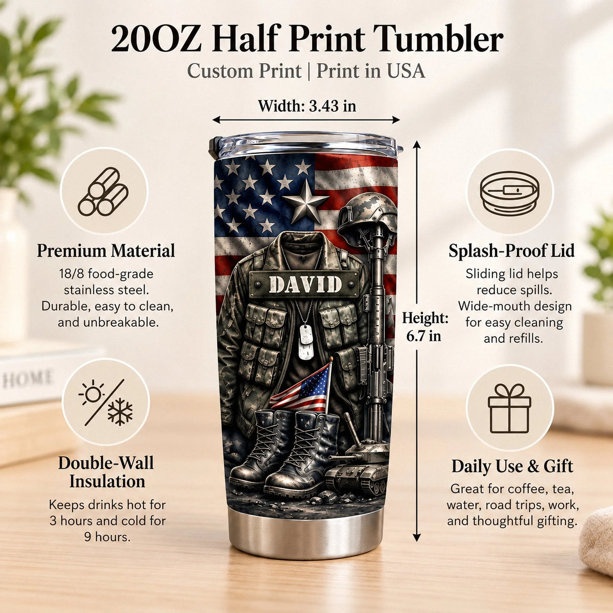 A 20oz stainless steel tumbler with USA tactical drinkware design, shown with product dimensions and feature callouts.