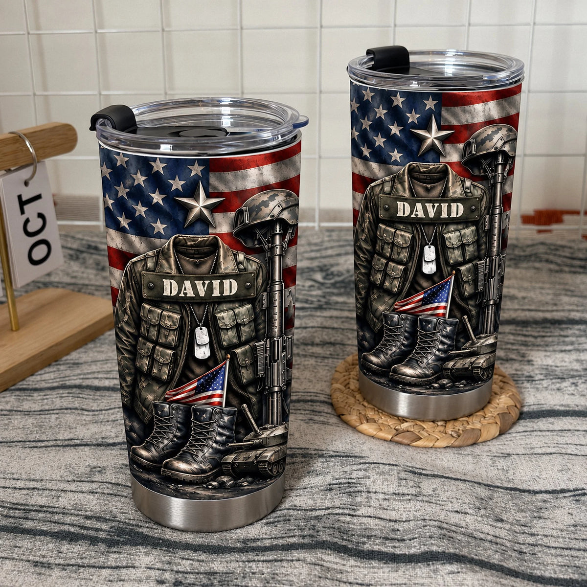 Two patriotic military veteran tumblers featuring American flags, camouflage jackets with the name DAVID, combat boots