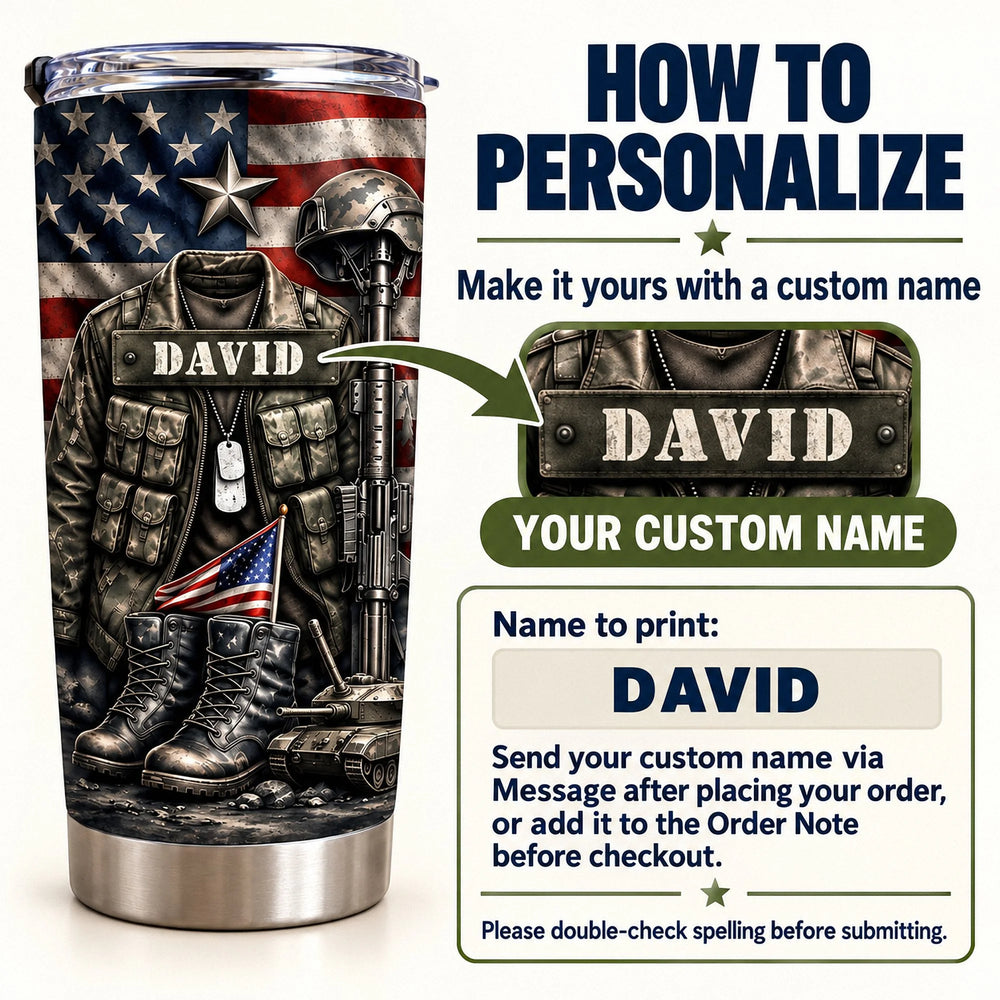 A custom name patriotic military veteran tumbler next to instructions on how to personalize your drinkware.