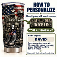 A custom name patriotic military veteran tumbler next to instructions on how to personalize your drinkware.