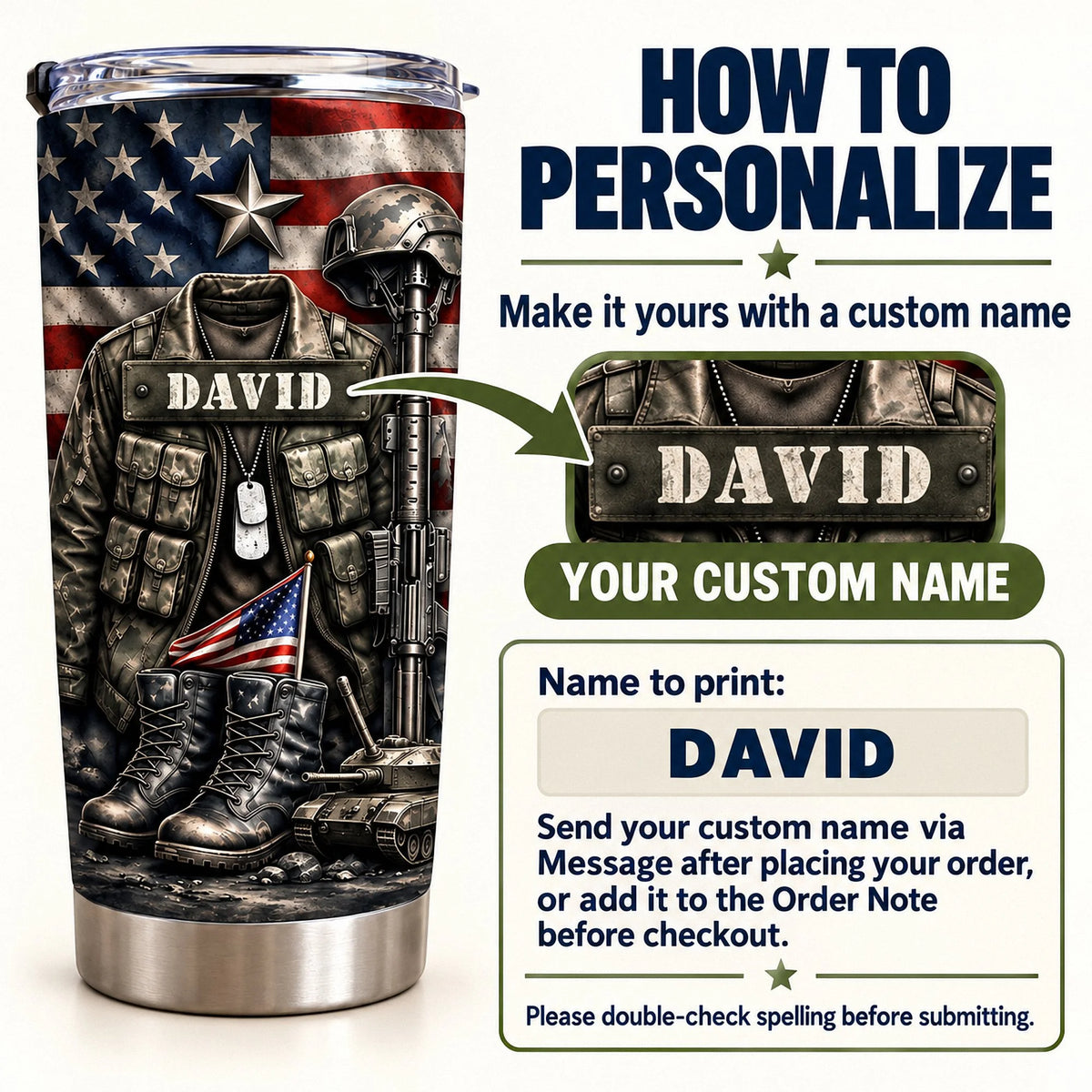 A custom name patriotic military veteran tumbler next to instructions on how to personalize your drinkware.