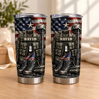 Two patriotic military veteran tumblers featuring an American flag, camouflage jacket, combat boots, and rifle graphic.