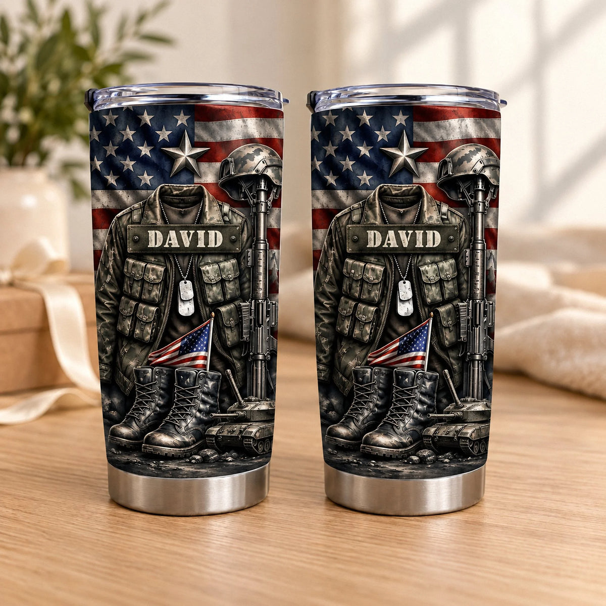 Two patriotic military veteran tumblers featuring an American flag, camouflage jacket, combat boots, and rifle graphic.