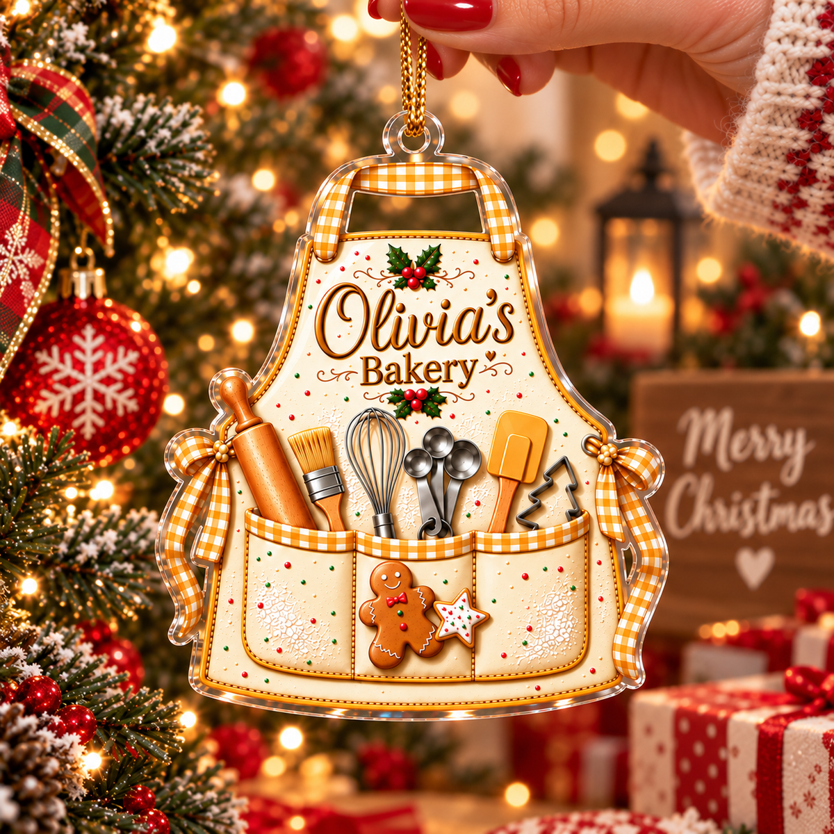 Personalized Apron Ornament Custom Name Christmas Tree Decor for Bakers Chefs Home Cooks Holiday Kee on a hanger, ready to ship from Austin, Texas