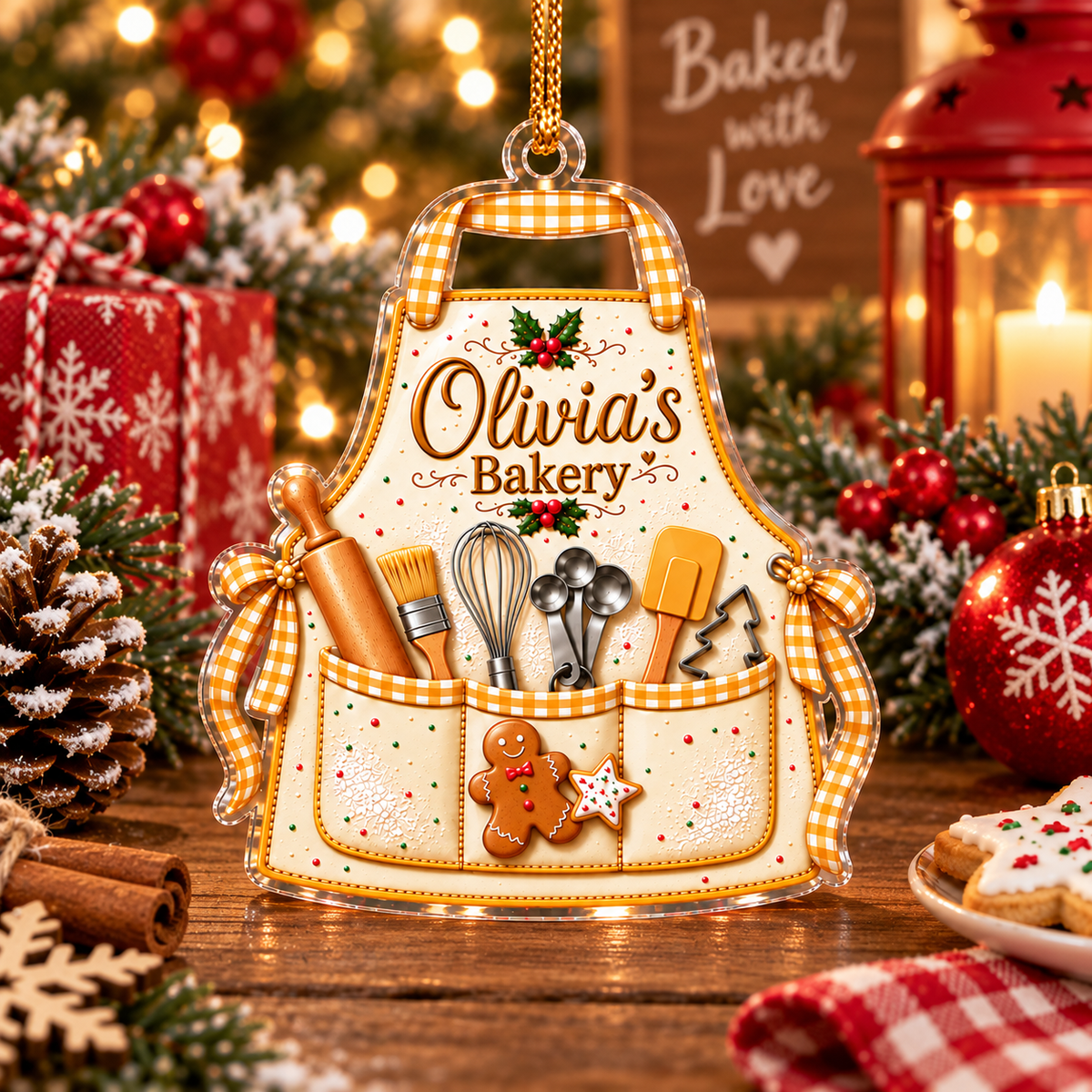 Customer in Austin, Texas wearing Personalized Apron Ornament Custom Name Christmas Tree Decor for Bakers Chefs Home Cooks Holiday Kee