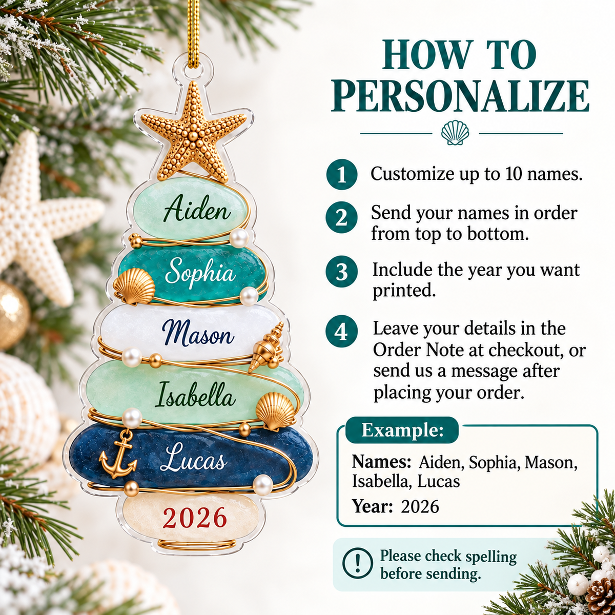 Infographic explaining how to personalize the custom name coastal tree decoration with step-by-step text.