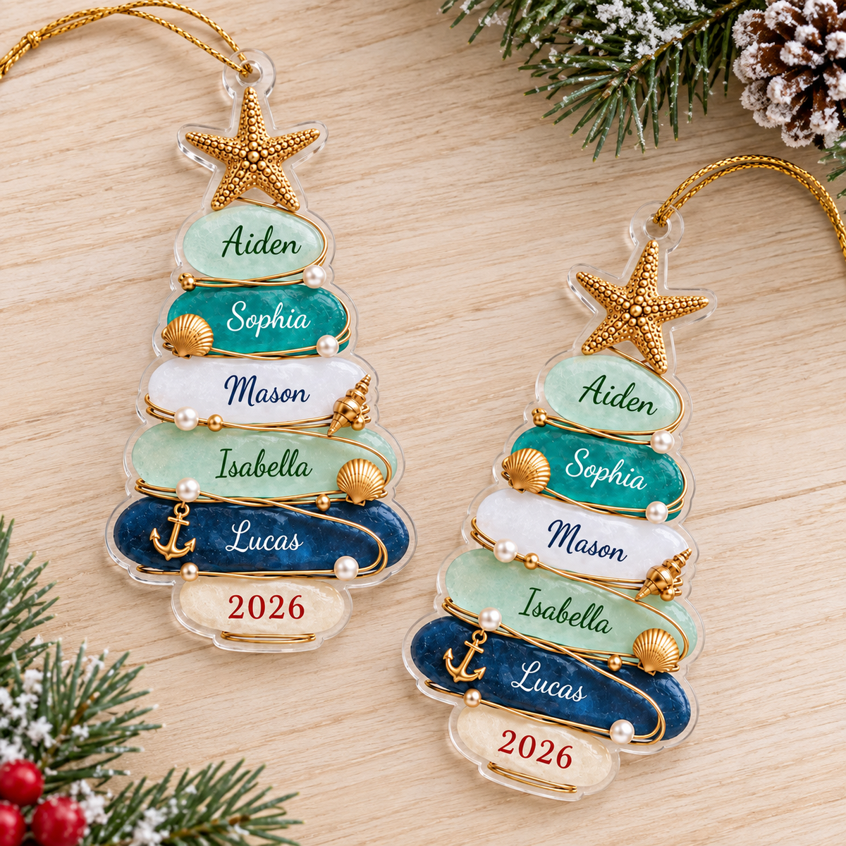 Two personalized Beach Theme Family Christmas ornaments displayed side by side on a wooden tabletop.