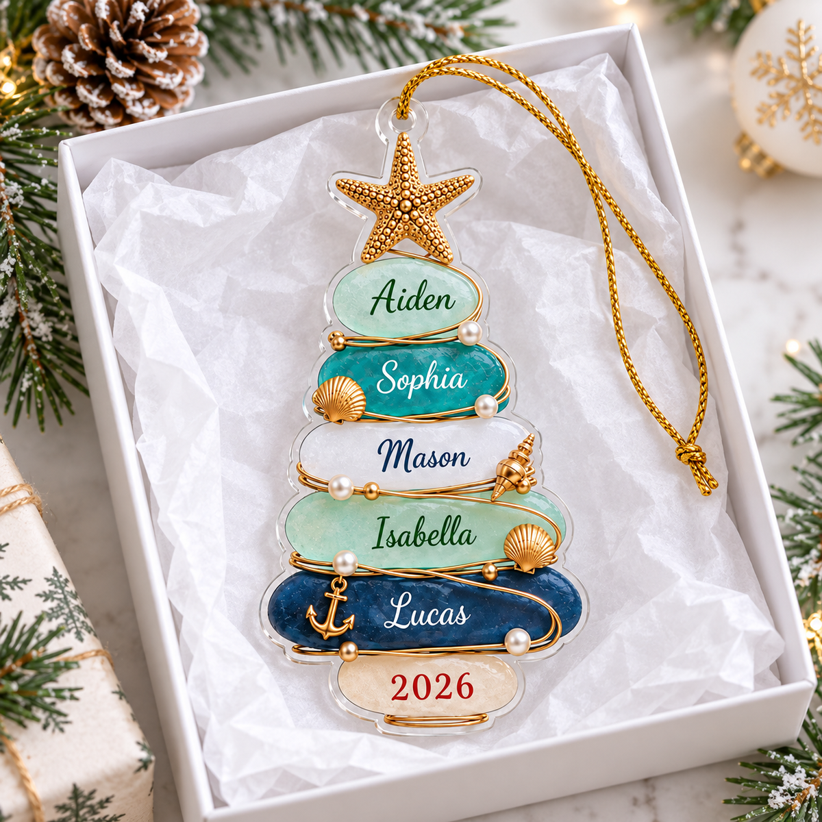 Personalized Beach Theme Family Christmas ornament presented inside a white gift box with tissue paper.