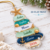 Flat lay of a custom coastal tree decoration on a white wood board with the text 2D flat print.