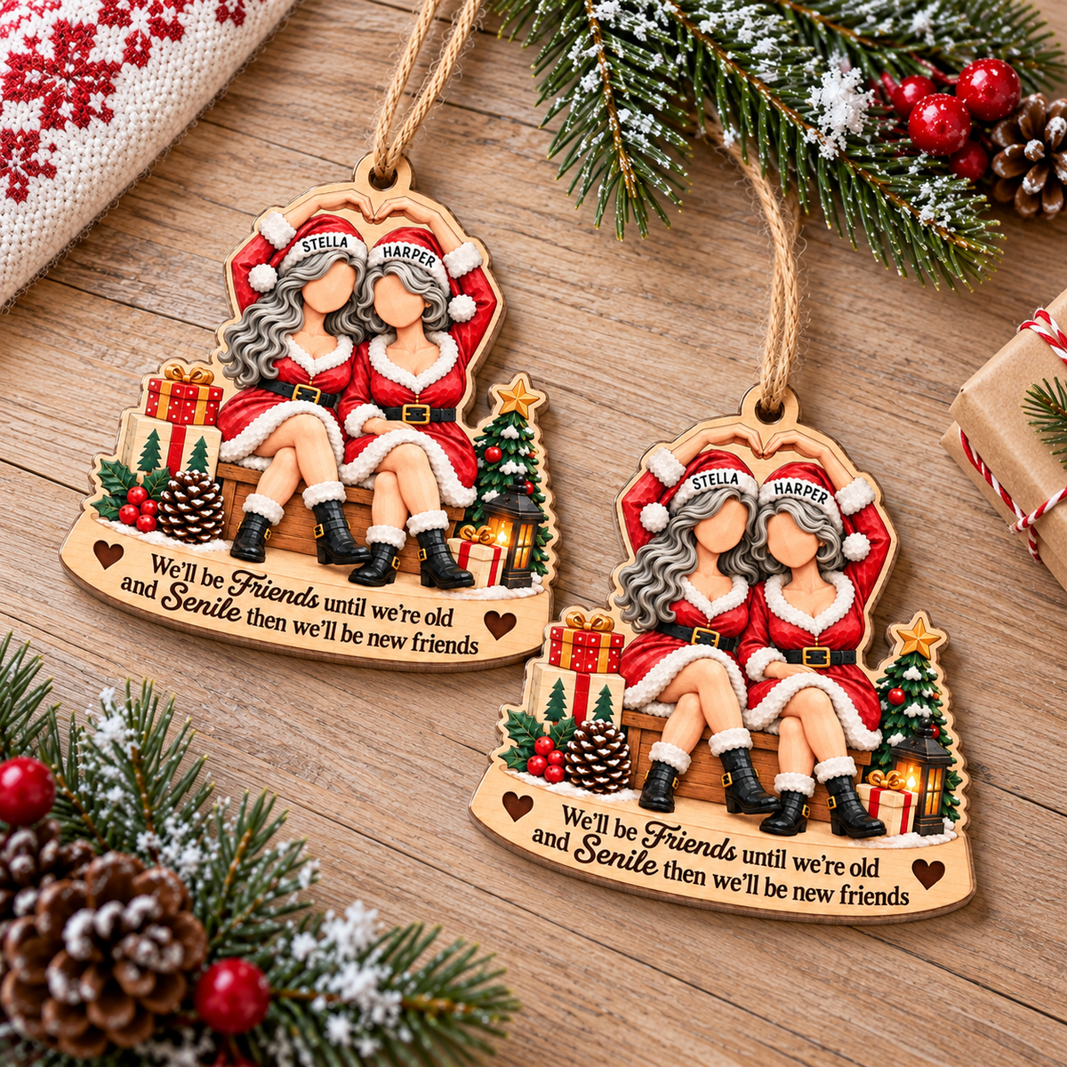 Personalized Best Friends Santa Wood Ornament Custom Names Christmas Gift - table display