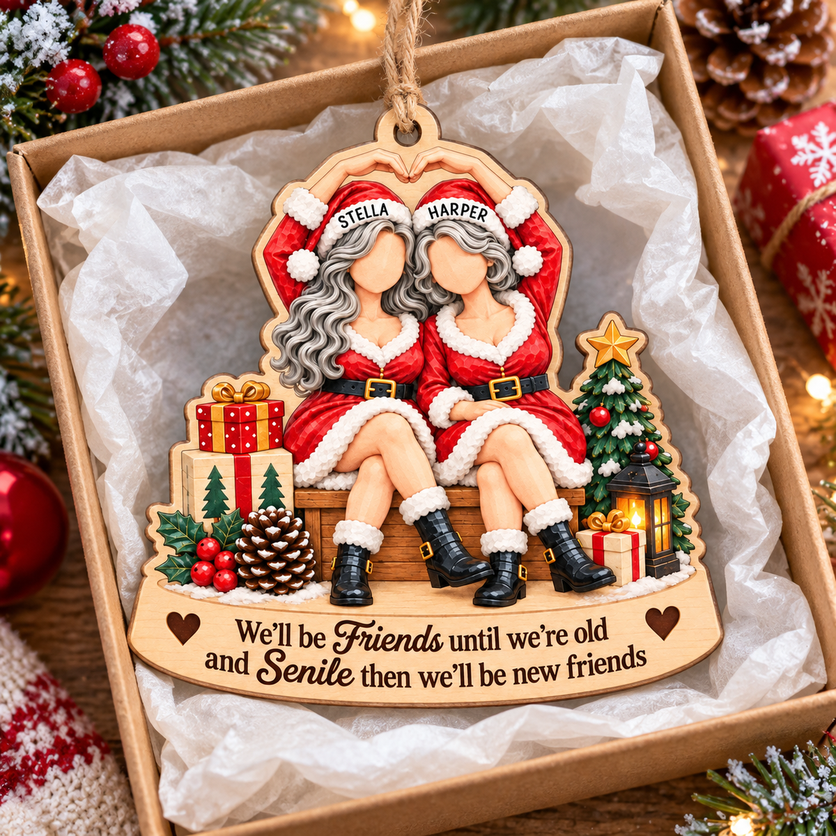 Personalized Best Friends Santa Wood Ornament Custom Names Christmas Gift - gift presentation
