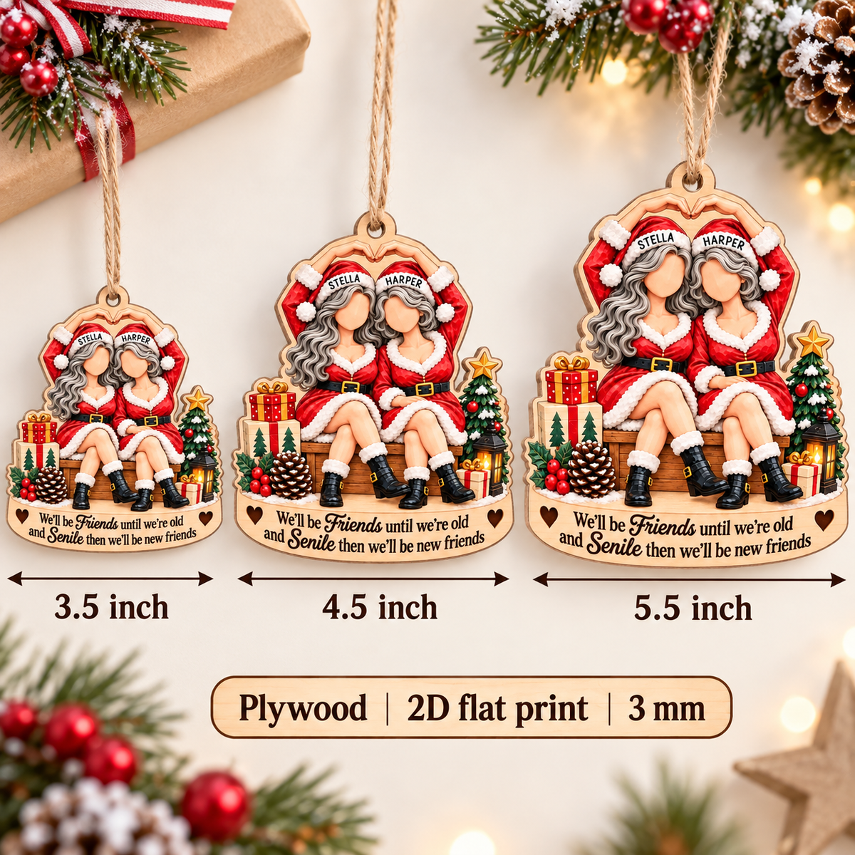 Personalized Best Friends Santa Wood Ornament Custom Names Christmas Gift - size and product information