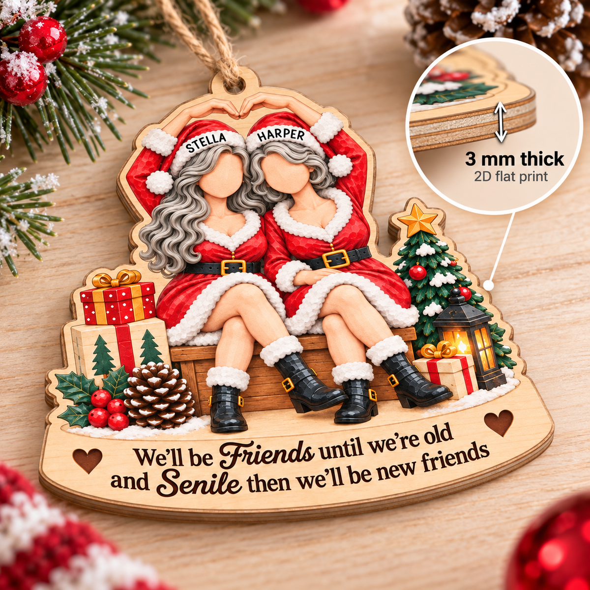 Personalized Best Friends Santa Wood Ornament Custom Names Christmas Gift - material and flat print detail