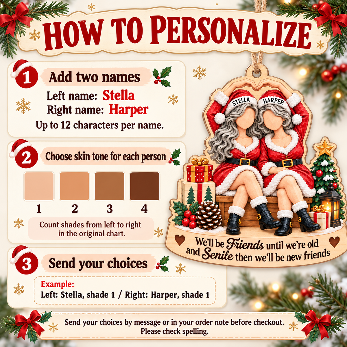 Personalized Best Friends Santa Wood Ornament Custom Names Christmas Gift - personalization guide