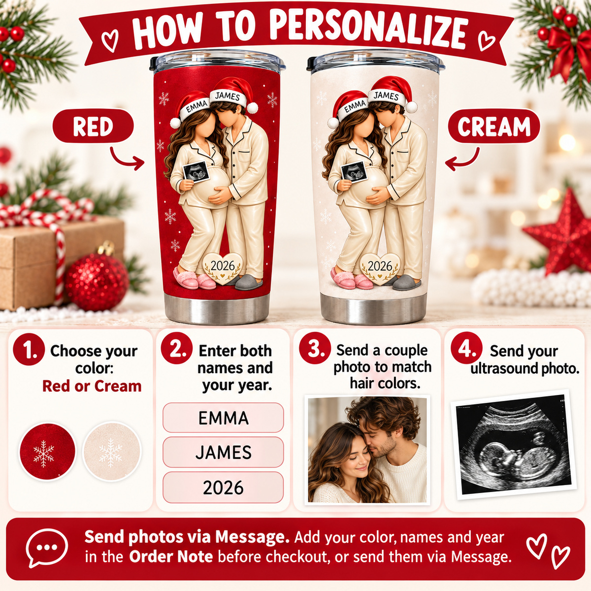 How to personalize graphic showing red and cream pregnancy tumblers with steps and options.