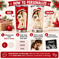 How to personalize graphic showing red and cream pregnancy tumblers with steps and options.