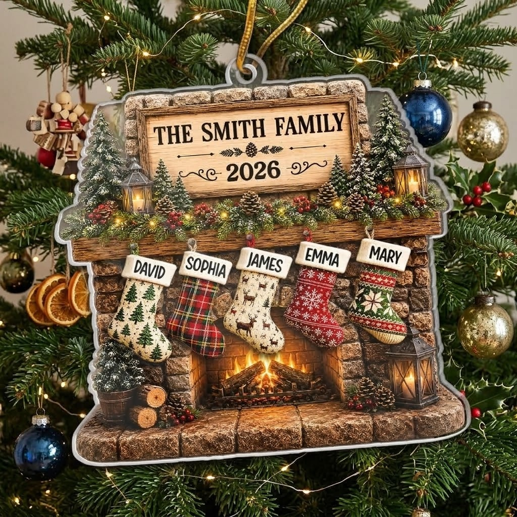 Personalized Christmas Stocking Fireplace Ornament Custom Name Family Holiday Gift on a hanger, ready to ship from Austin, Texas