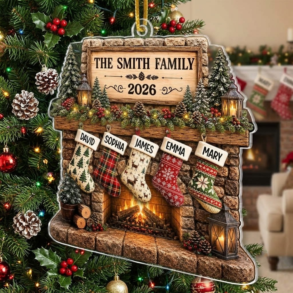 Customer in Austin, Texas wearing Personalized Christmas Stocking Fireplace Ornament Custom Name Family Holiday Gift