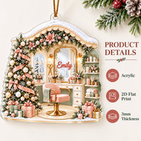 Product features graphic highlighting acrylic material, flat print design, and ornament thickness