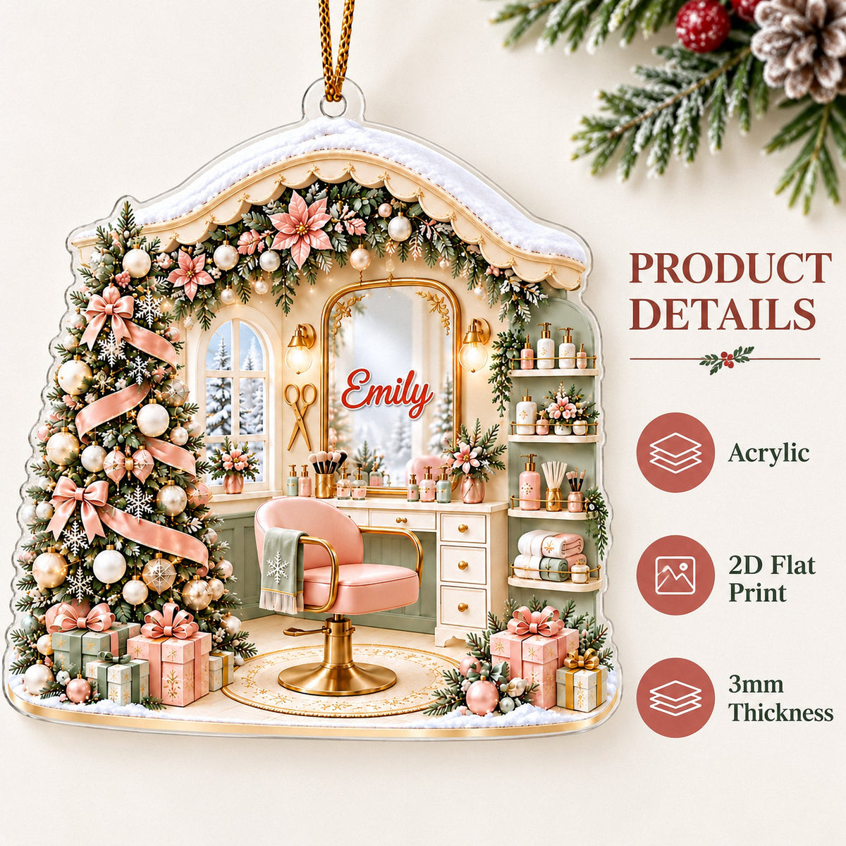 Product features graphic highlighting acrylic material, flat print design, and ornament thickness