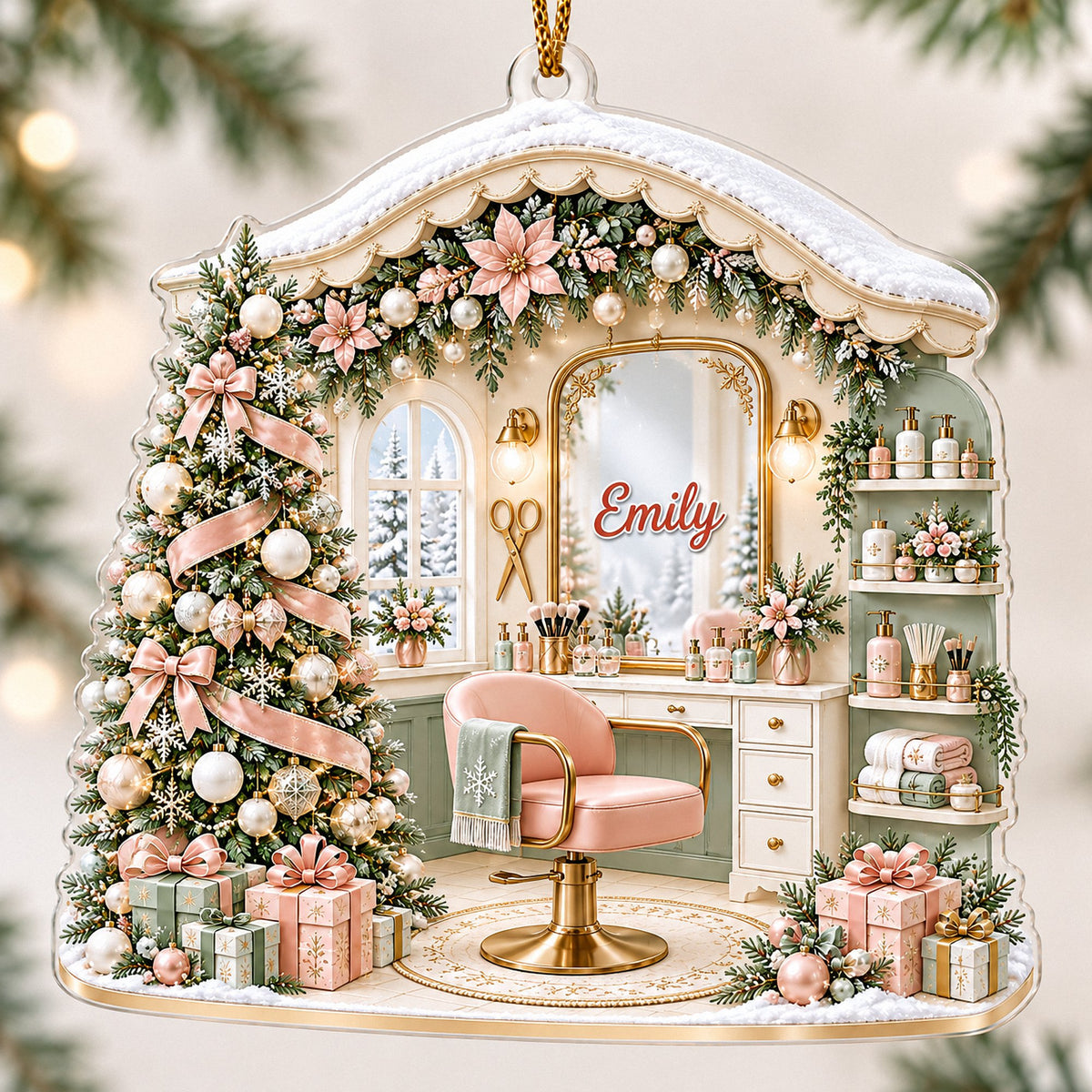 Close-up of the house-shaped acrylic ornament with pastel salon interior, pink chair, and custom name Emily