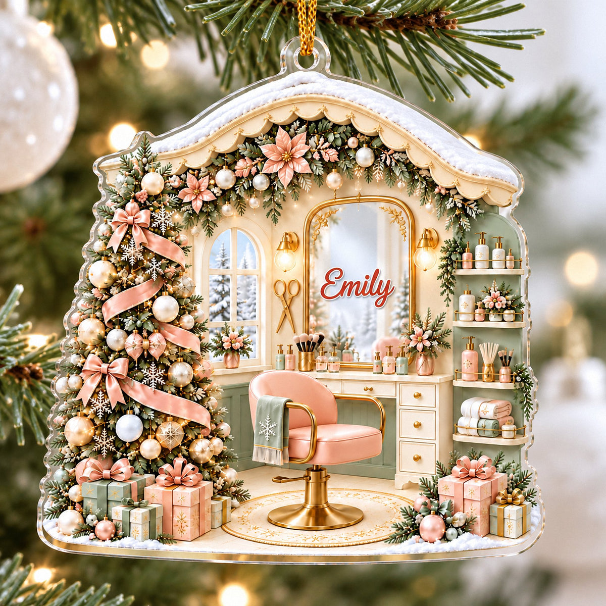 Single acrylic salon ornament hanging on a decorated Christmas tree with warm twinkling lights