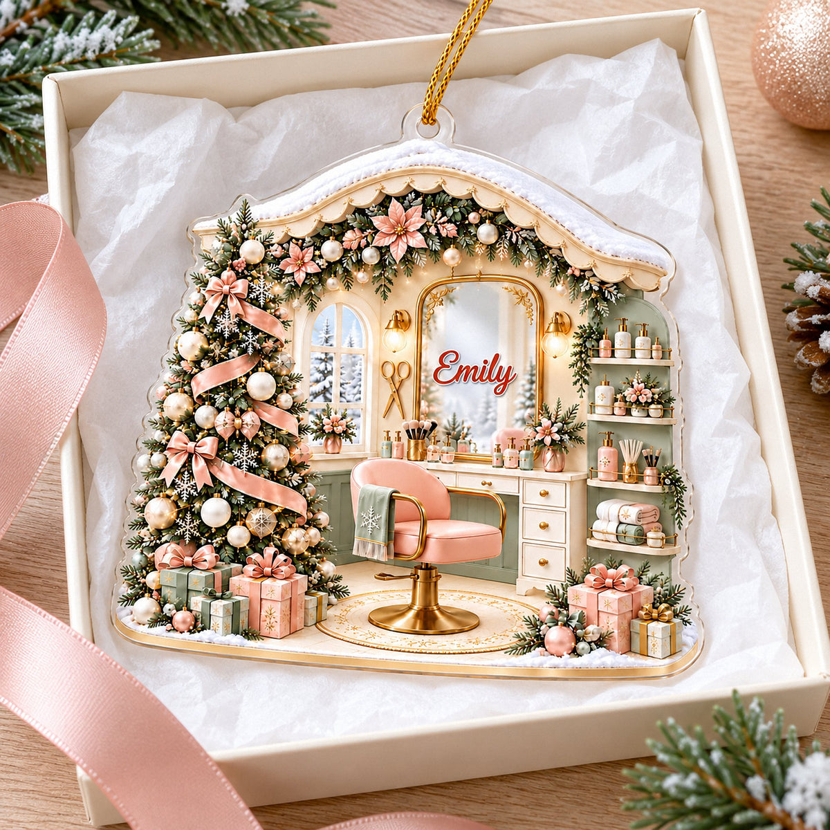 Personalized Christmas vanity mirror ornament nestled inside an open gift box with white tissue paper