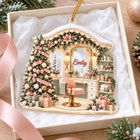 Personalized Christmas vanity mirror ornament nestled inside an open gift box with white tissue paper