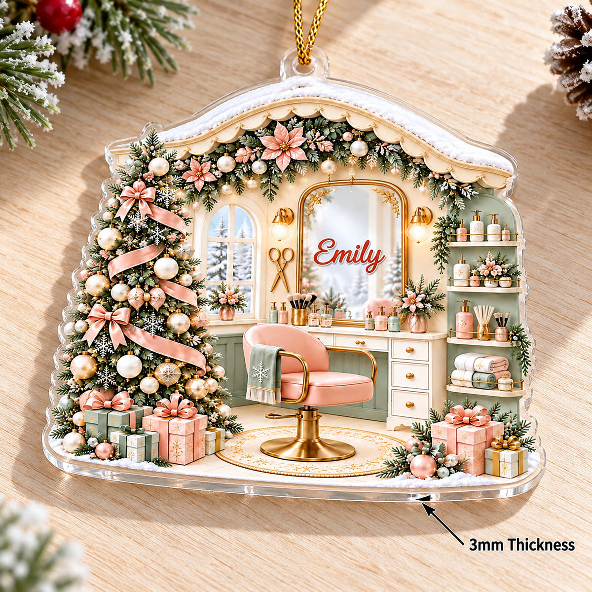 Acrylic holiday ornament showcasing its three millimeter thickness with an arrow pointing to the edge